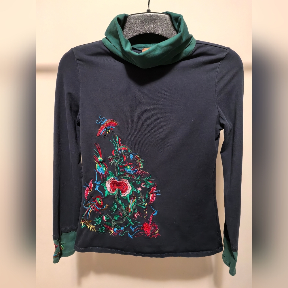 Embroidered Floral Long Sleeve Top - Navy with Multicolor Accents